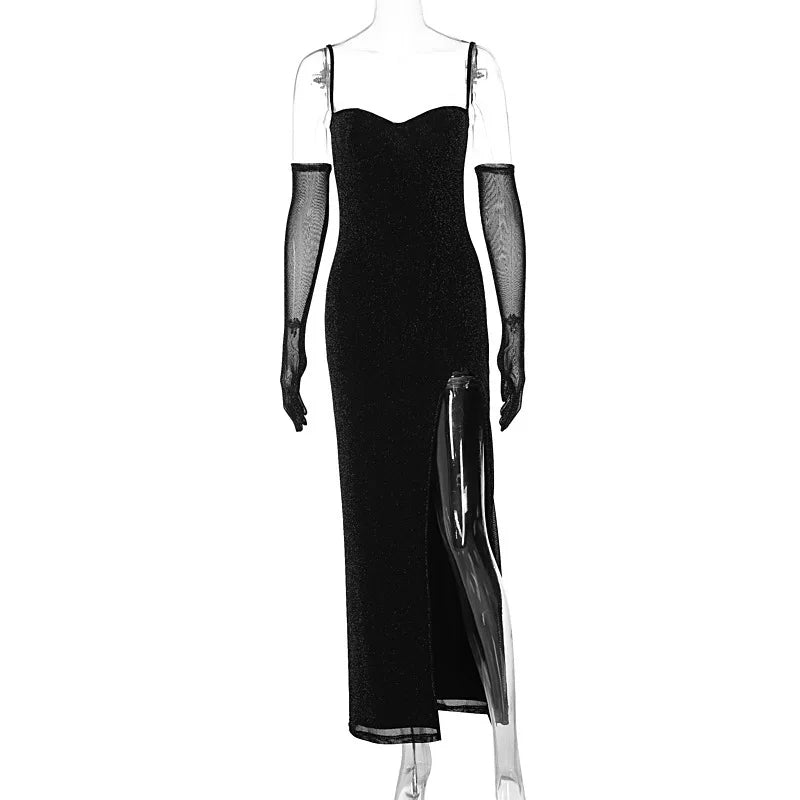 Sequin Maxi Dress with Slit and Glove Detail - Daphne