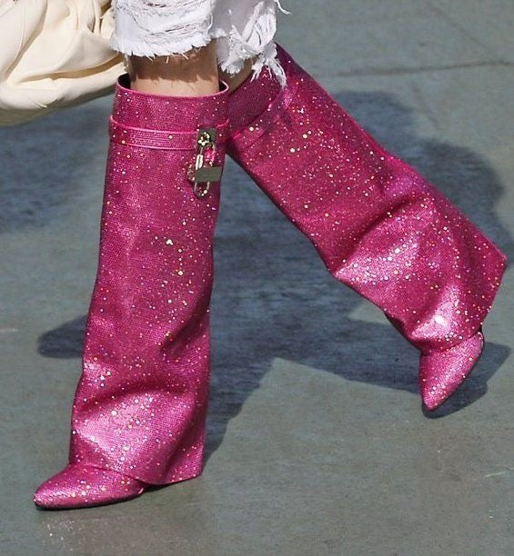 High Heel Boots with Glitter Studs and Lock Detail - Bailey