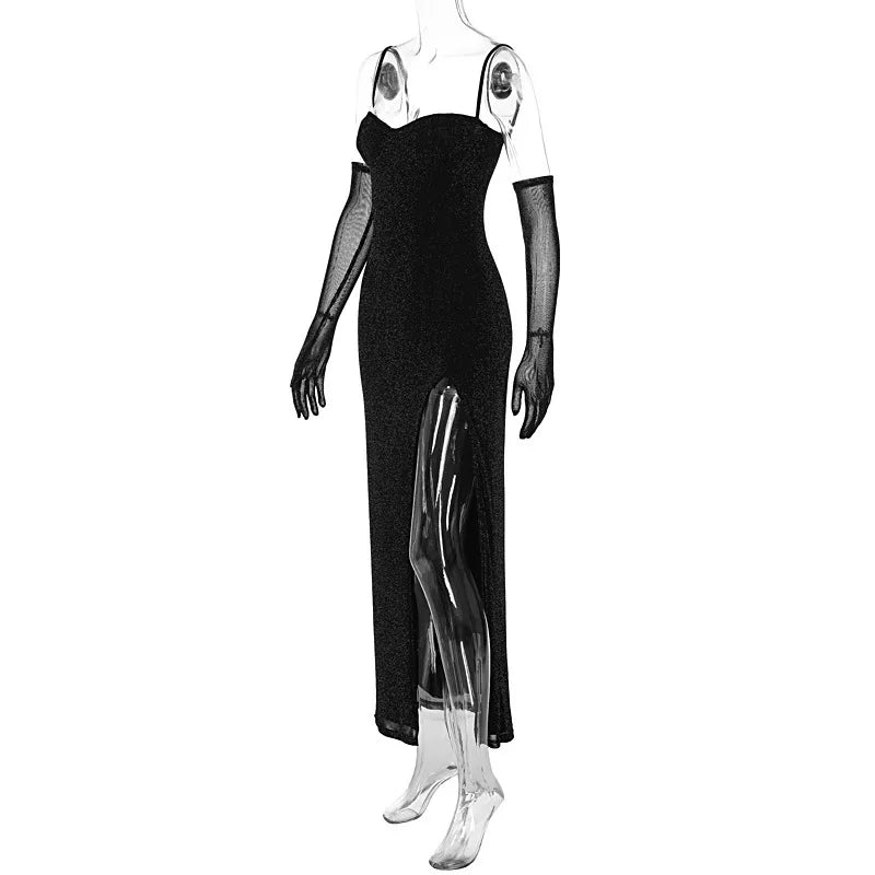 Sequin Maxi Dress with Slit and Glove Detail - Daphne