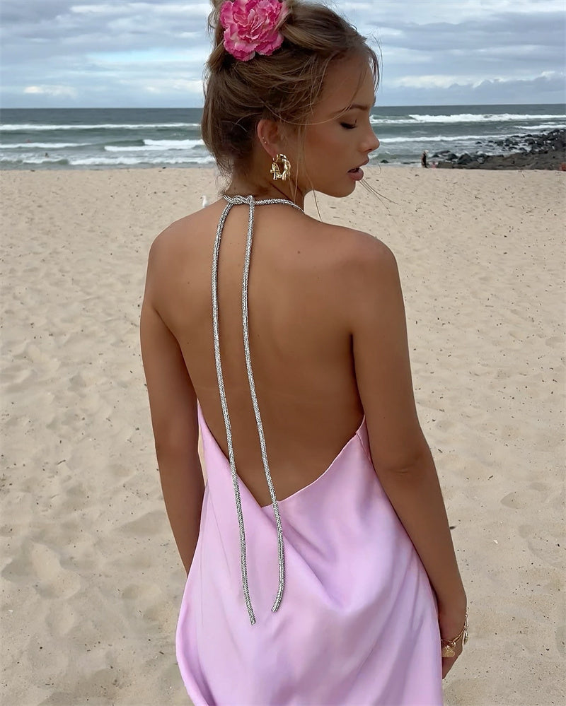Satin mini dress with sparkling sequin threads tied at neck - Colin