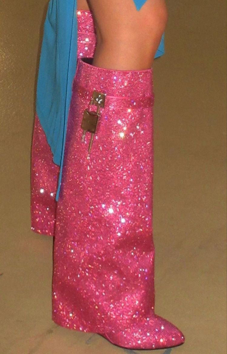 High Heel Boots with Glitter Studs and Lock Detail - Bailey