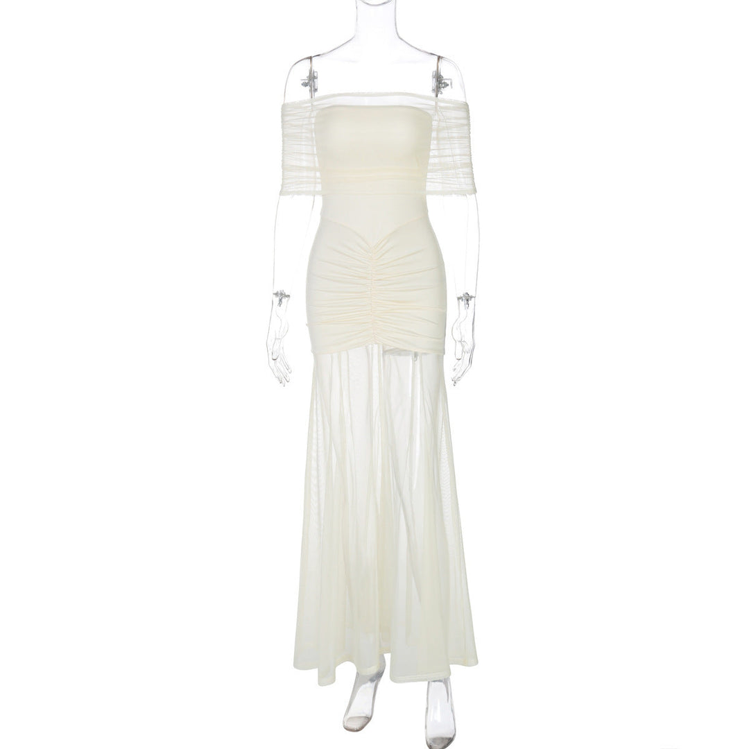Chiffon Maxi Dress with Gathered Off-the-Shoulder Design - Delilah