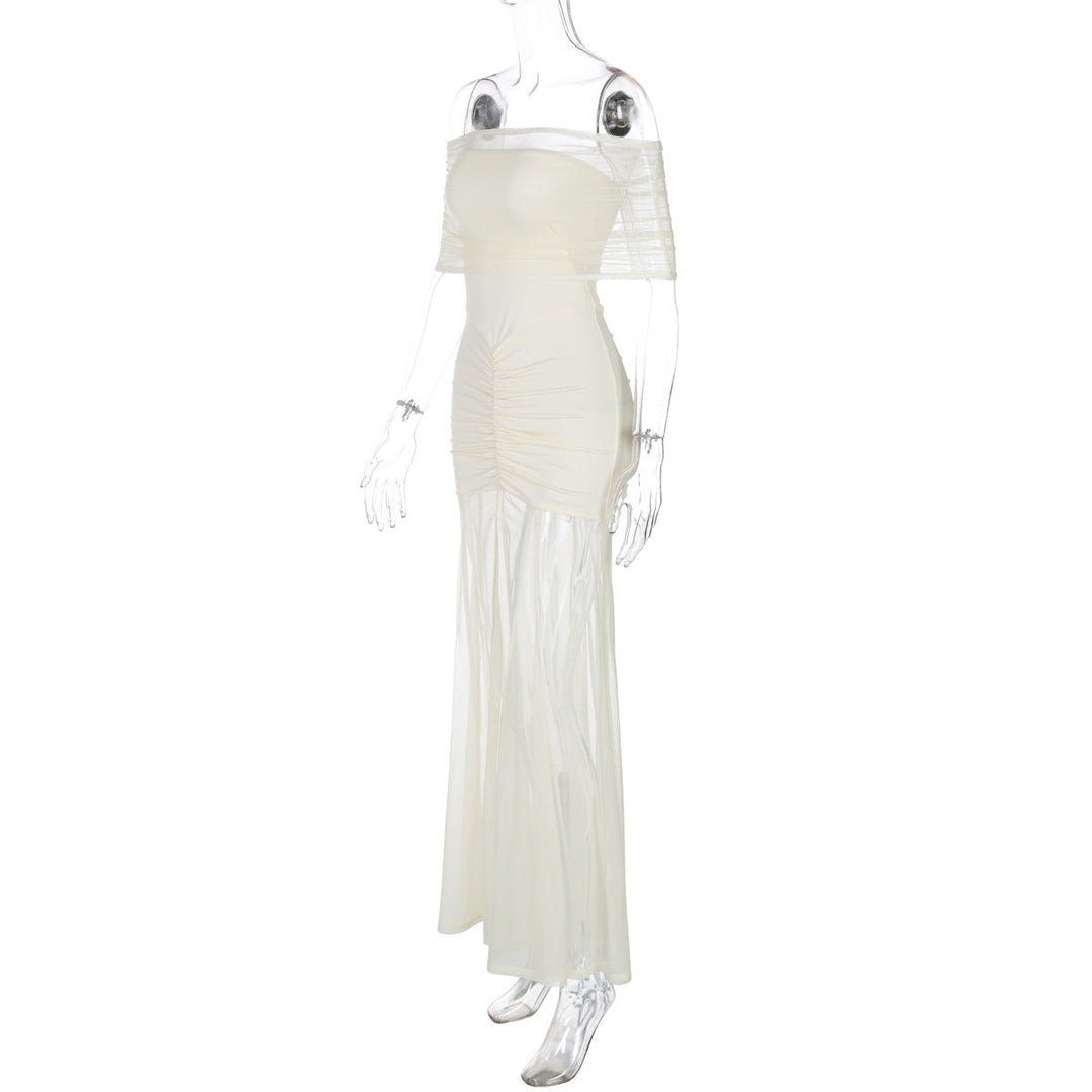 Chiffon Maxi Dress with Gathered Off-the-Shoulder Design - Delilah
