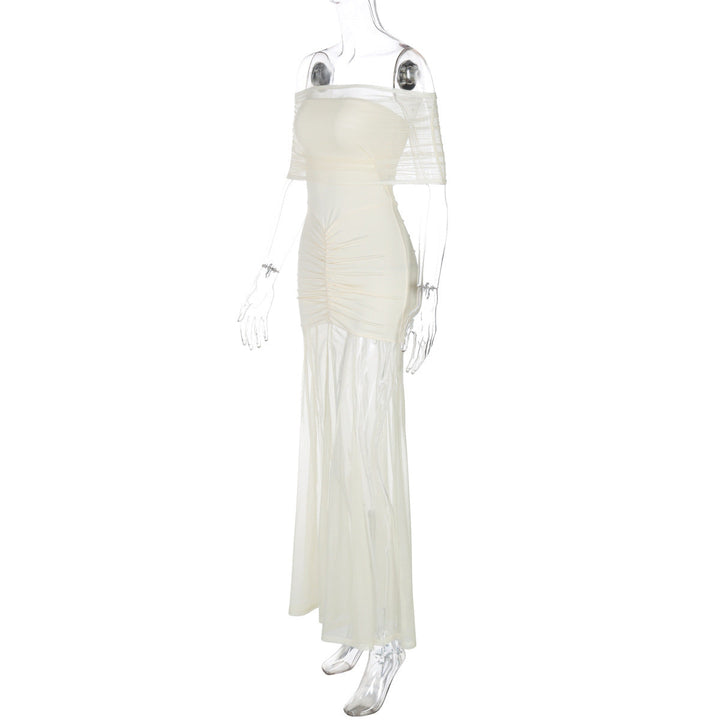 Chiffon Maxi Dress with Gathered Off-the-Shoulder Design - Delilah