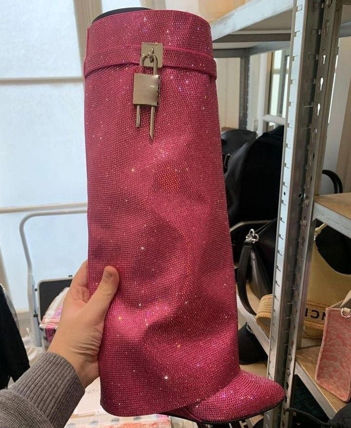 High Heel Boots with Glitter Studs and Lock Detail - Bailey