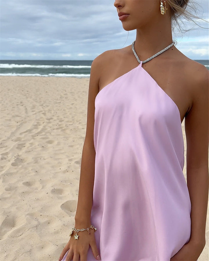 Satin mini dress with sparkling sequin threads tied at neck - Colin