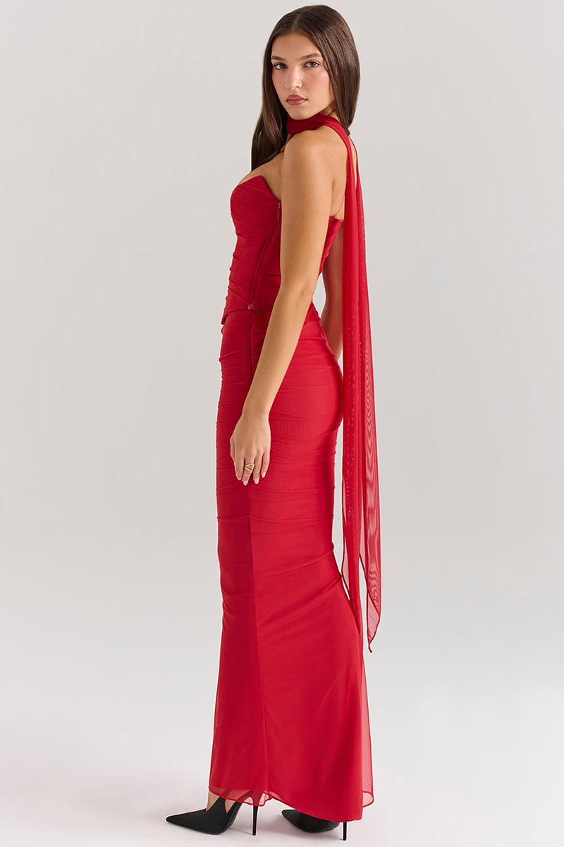Two-Piece Set with Strapless Top and Maxi Skirt with Matching Scarf Detail - Francia