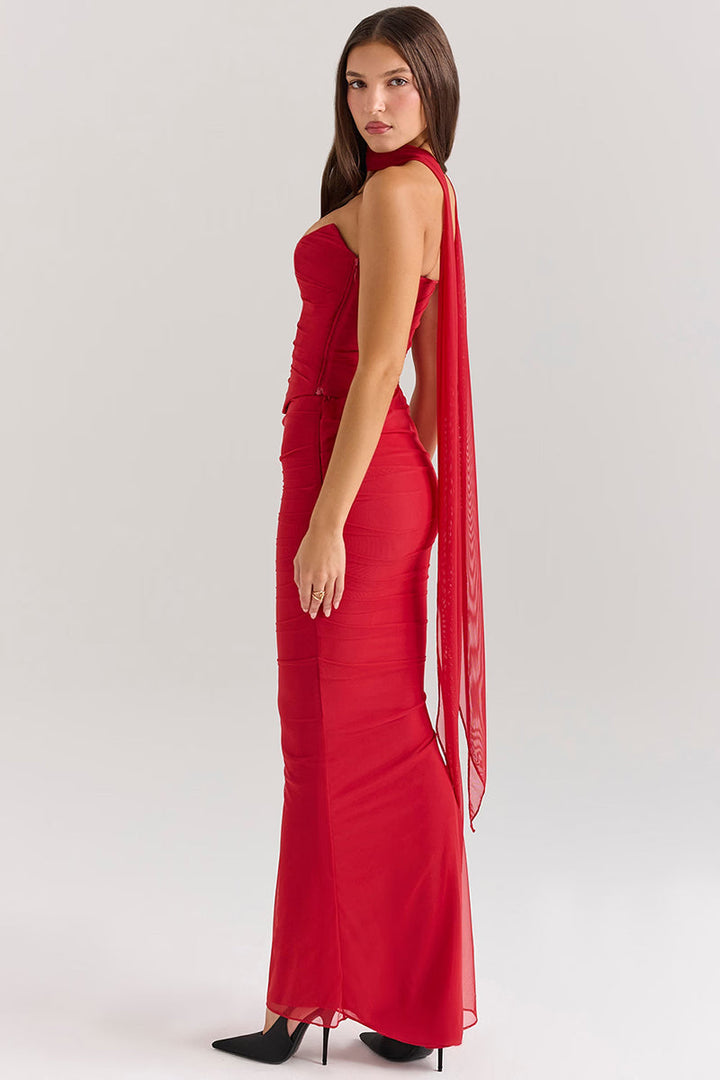 Two-Piece Set with Strapless Top and Maxi Skirt with Matching Scarf Detail - Francia