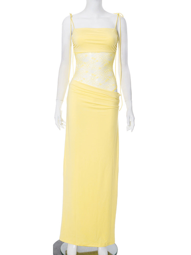 Elegant Maxi Dress with Lace and Tie Straps - Indigo