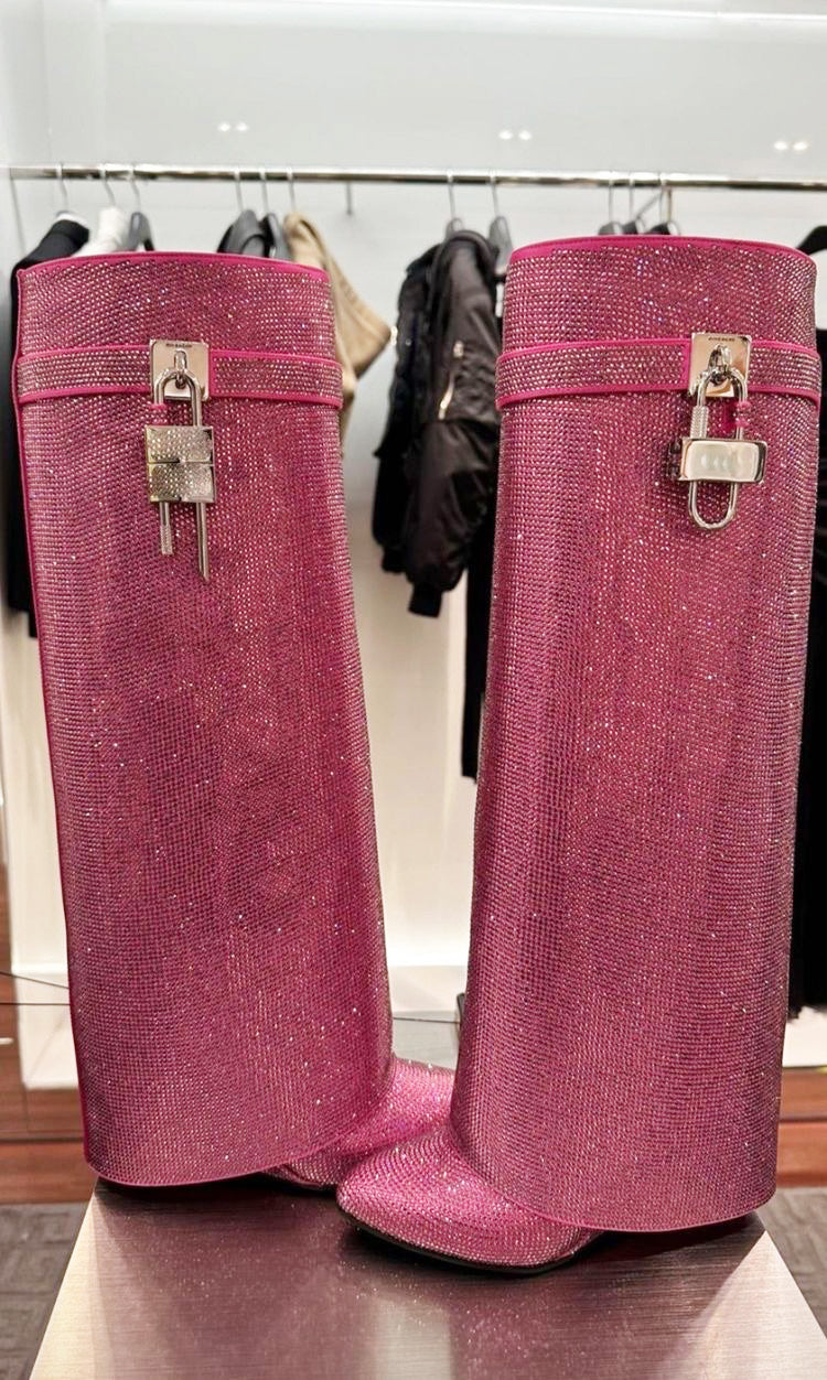 High Heel Boots with Glitter Studs and Lock Detail - Bailey