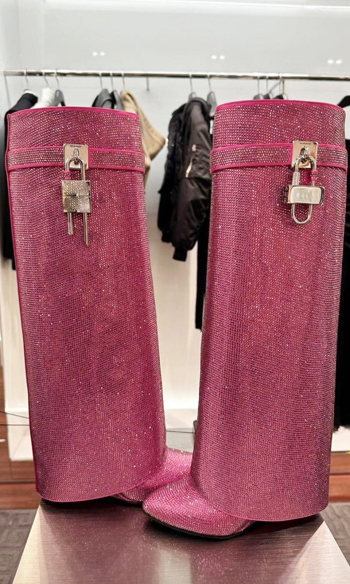 High Heel Boots with Glitter Studs and Lock Detail - Bailey