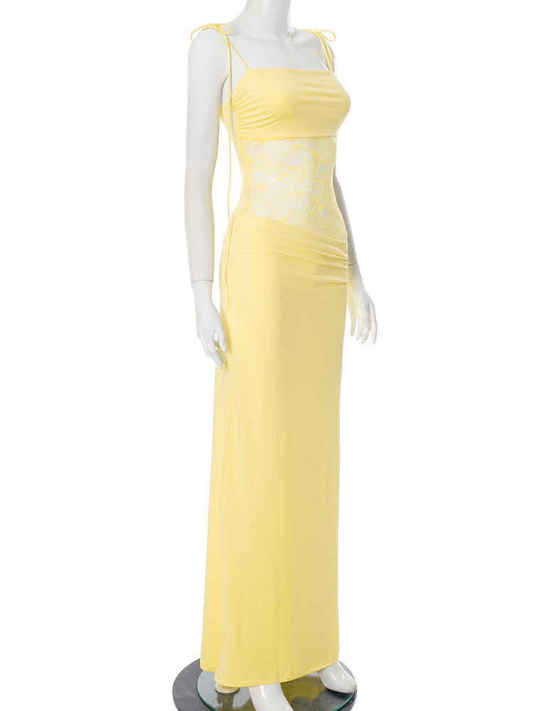 Elegant Maxi Dress with Lace and Tie Straps - Indigo