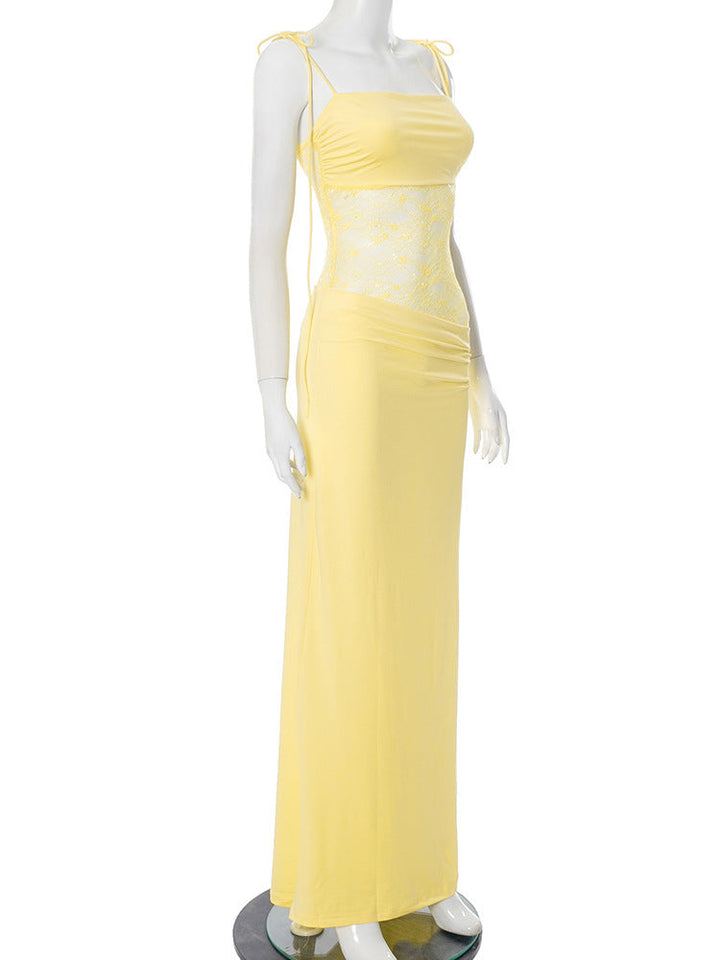 Elegant Maxi Dress with Lace and Tie Straps - Indigo
