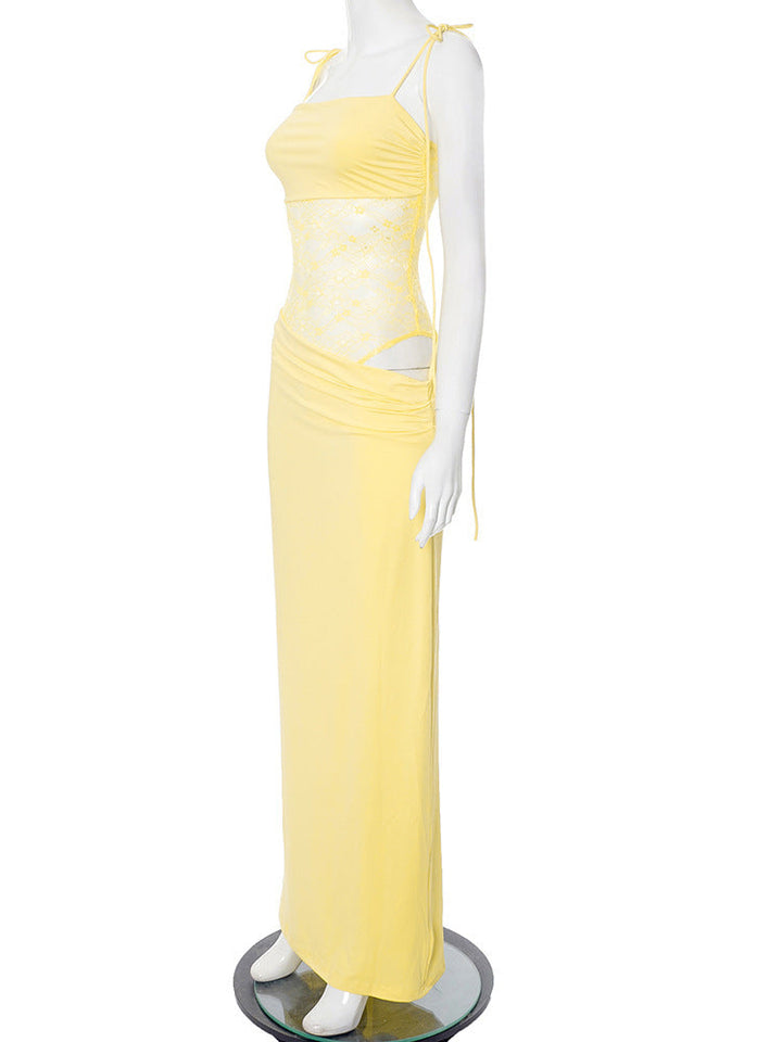 Elegant Maxi Dress with Lace and Tie Straps - Indigo