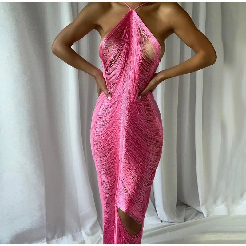 Maxi Dress with Shiny Threads and Open Back - Ashley