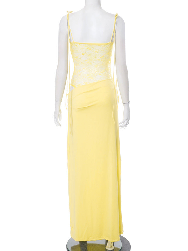 Elegant Maxi Dress with Lace and Tie Straps - Indigo