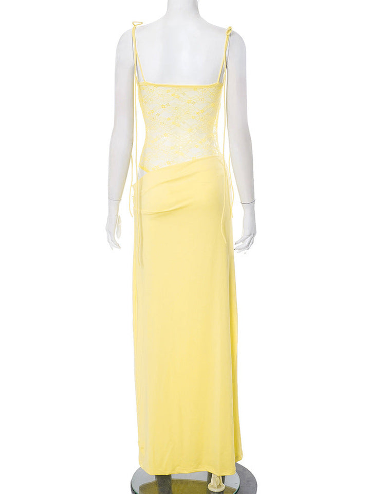 Elegant Maxi Dress with Lace and Tie Straps - Indigo