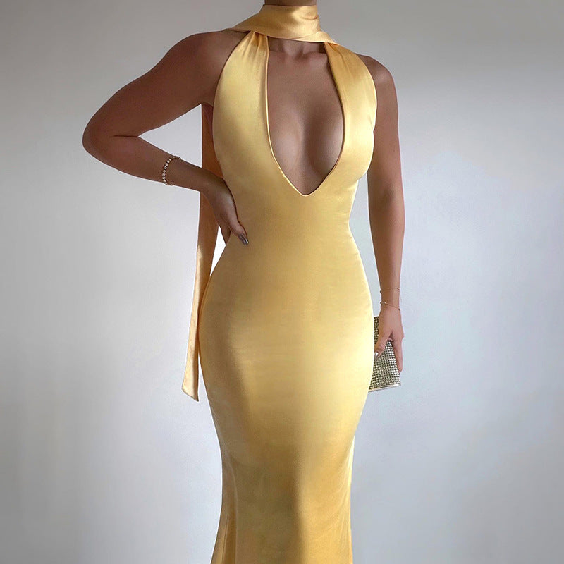 Satin Dress with Deep Neckline and Neck Tie - Paulina