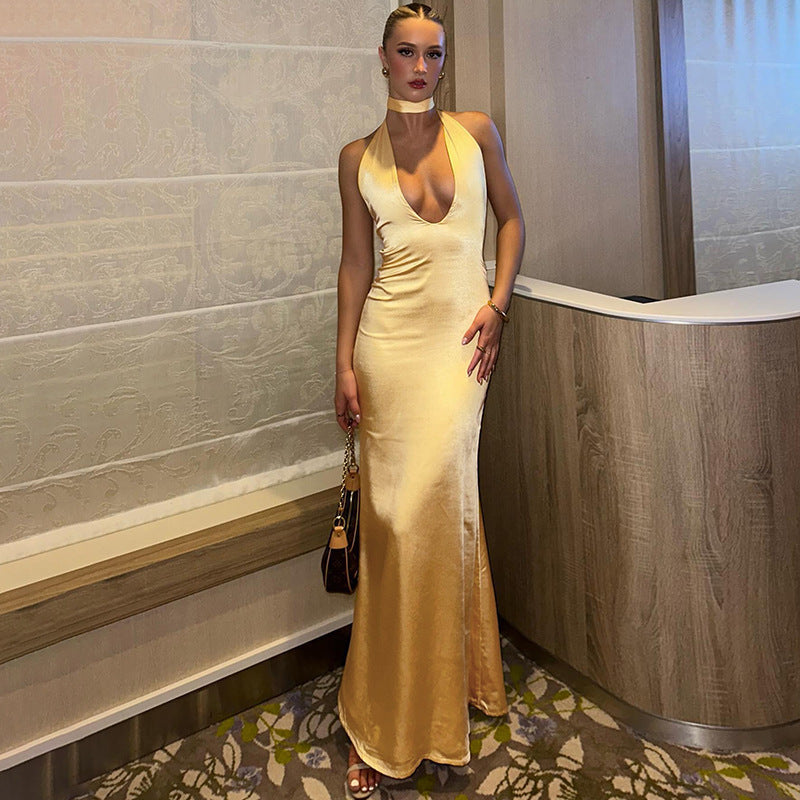 Satin Dress with Deep Neckline and Neck Tie - Paulina