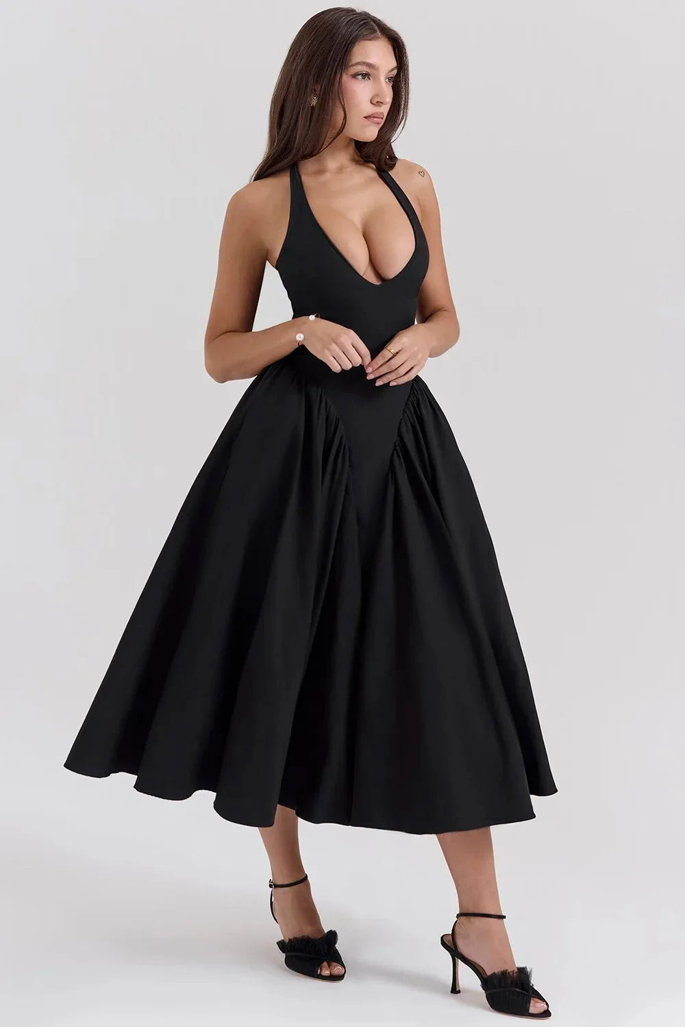 Midi A-line Dress with Neck Tie and Open Back - Makenna