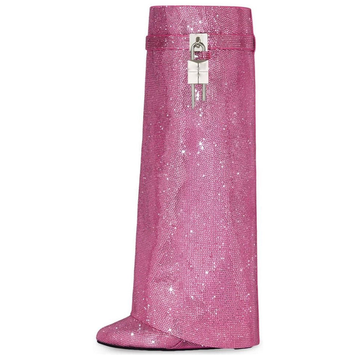 High Heel Boots with Glitter Studs and Lock Detail - Bailey