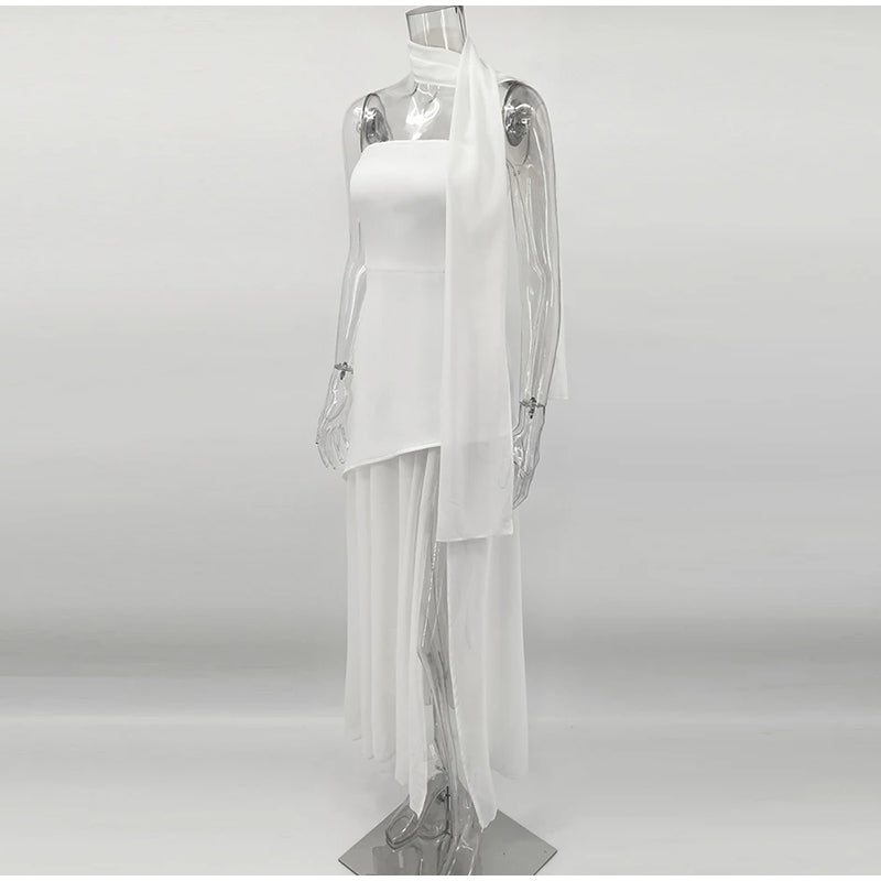 Strapless Maxi Dress with Chiffon Bottom, Slit Design, and Matching Scarf Detail - Princess