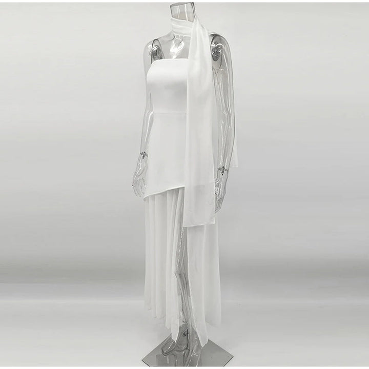 Strapless Maxi Dress with Chiffon Bottom, Slit Design, and Matching Scarf Detail - Princess