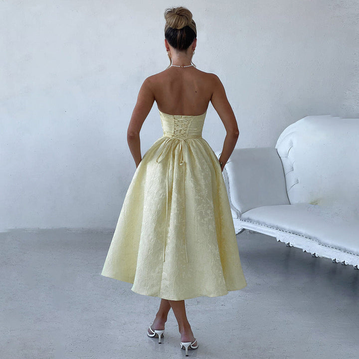 Midi Strapless A-Line Dress with Open Back and Floral Embroidery Detail - Flora