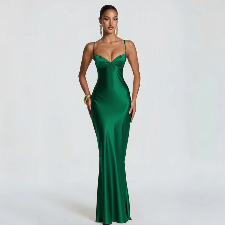 Alaia satin maxi dress with a back tie and waist-cinching design