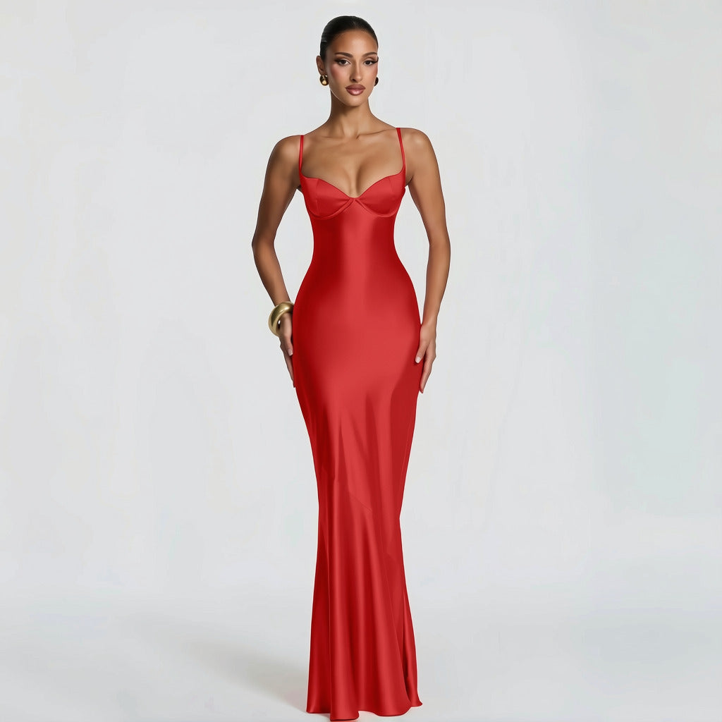 Alaia satin maxi dress with a back tie and waist-cinching design