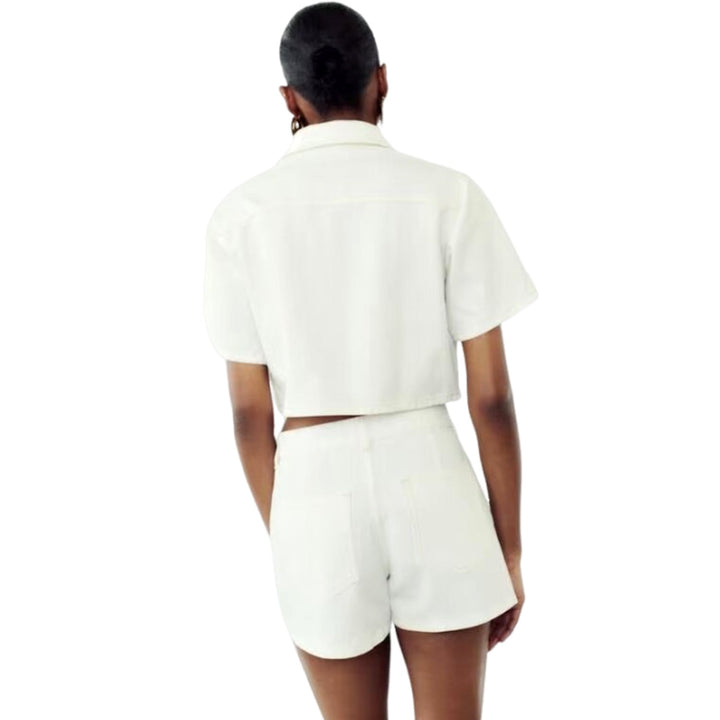 Two-Piece White Denim Set with Mini Skirt Pants and Buttoned Polo Collar Blazer - Genesis