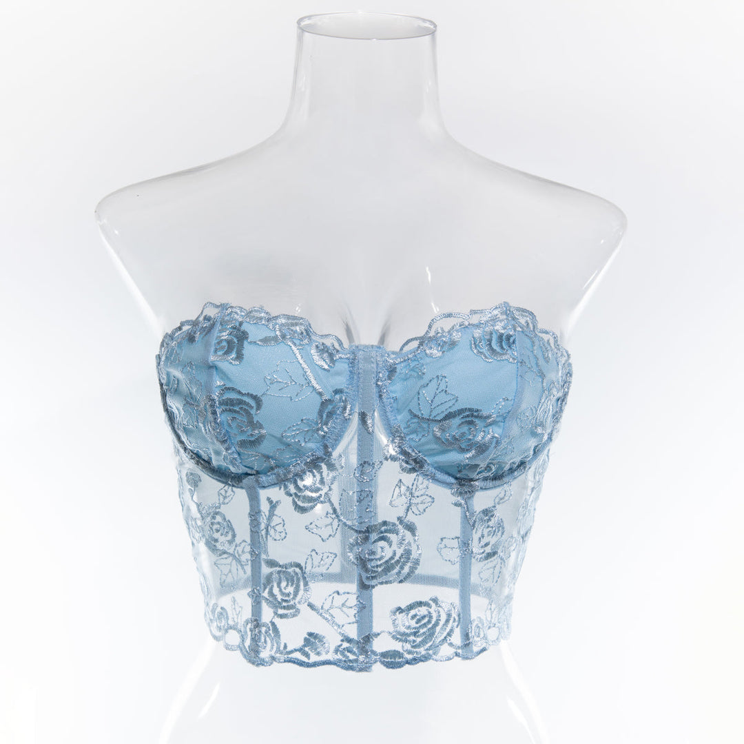 Strapless Mesh Top with Floral Embroidery - Noya Lee