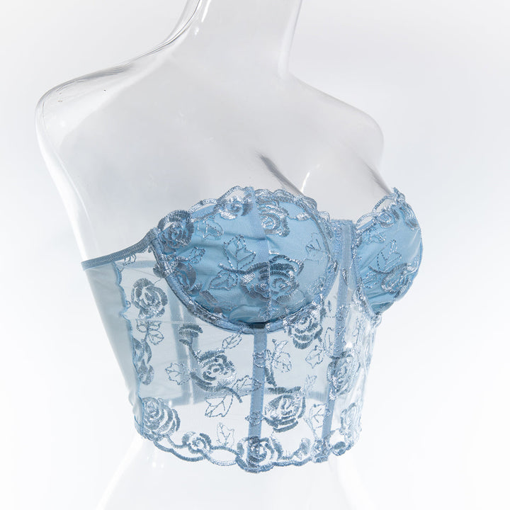 Strapless Mesh Top with Floral Embroidery - Noya Lee