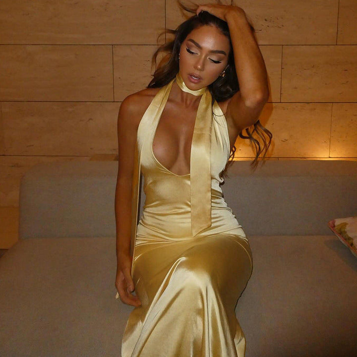 Satin Dress with Deep Neckline and Neck Tie - Paulina