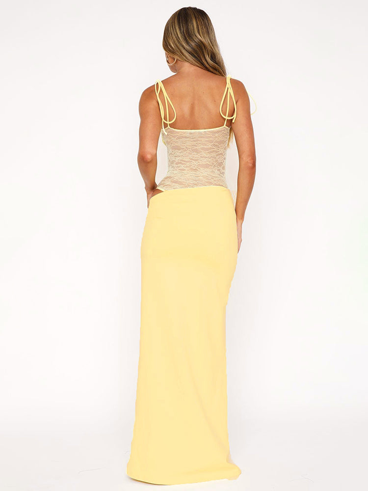 Elegant Maxi Dress with Lace and Tie Straps - Indigo