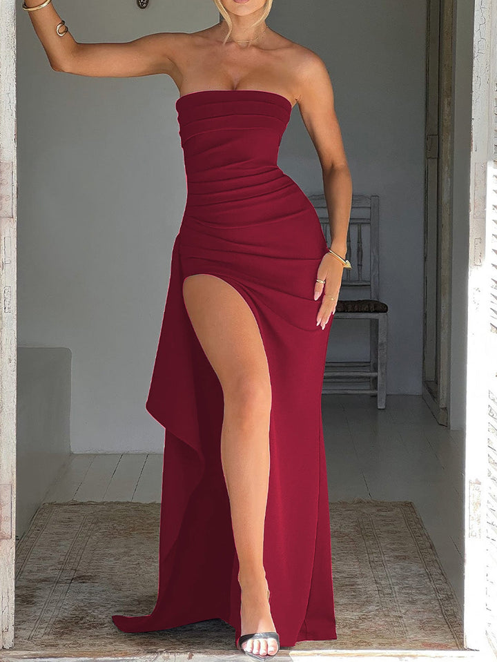 Ruffled strapless maxi dress with deep slit - Molina