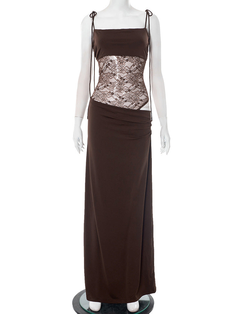 Elegant Maxi Dress with Lace and Tie Straps - Indigo