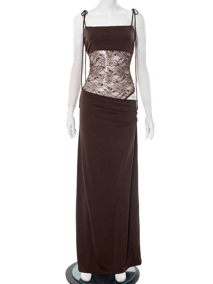Elegant Maxi Dress with Lace and Tie Straps - Indigo