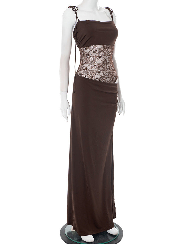 Elegant Maxi Dress with Lace and Tie Straps - Indigo
