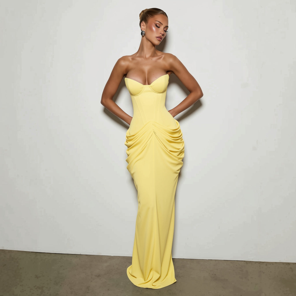 Nalia strapless maxi dress with pleats, corset design, back tie, and waist-cinching fit