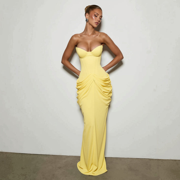 Nalia strapless maxi dress with pleats, corset design, back tie, and waist-cinching fit