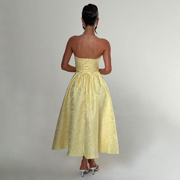 Midi Strapless A-Line Dress with Open Back and Floral Embroidery Detail - Flora