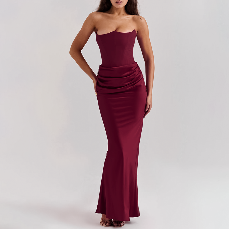 Strapless Satin Maxi Dress with Fitted Corset - Noya