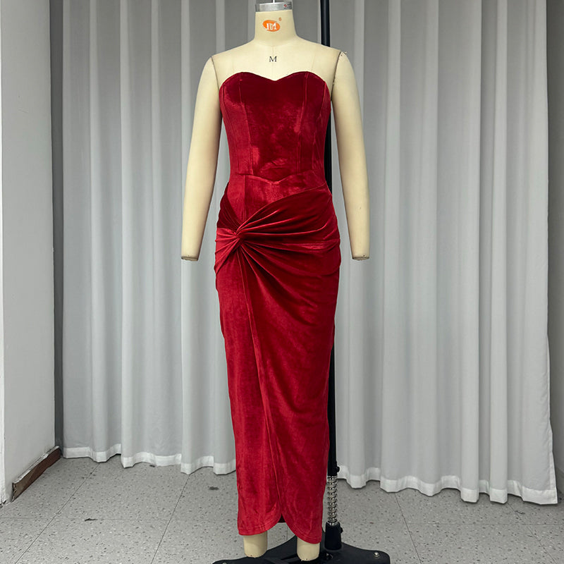 Velvet Strapless Maxi Dress with Corset Design, Back Tie, Waist Cinch, and Slit Detail - London