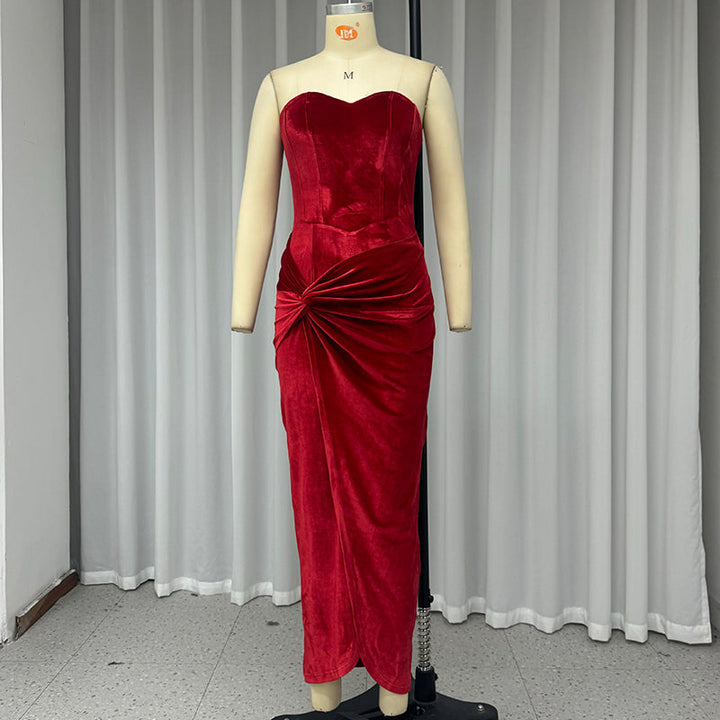 Velvet Strapless Maxi Dress with Corset Design, Back Tie, Waist Cinch, and Slit Detail - London