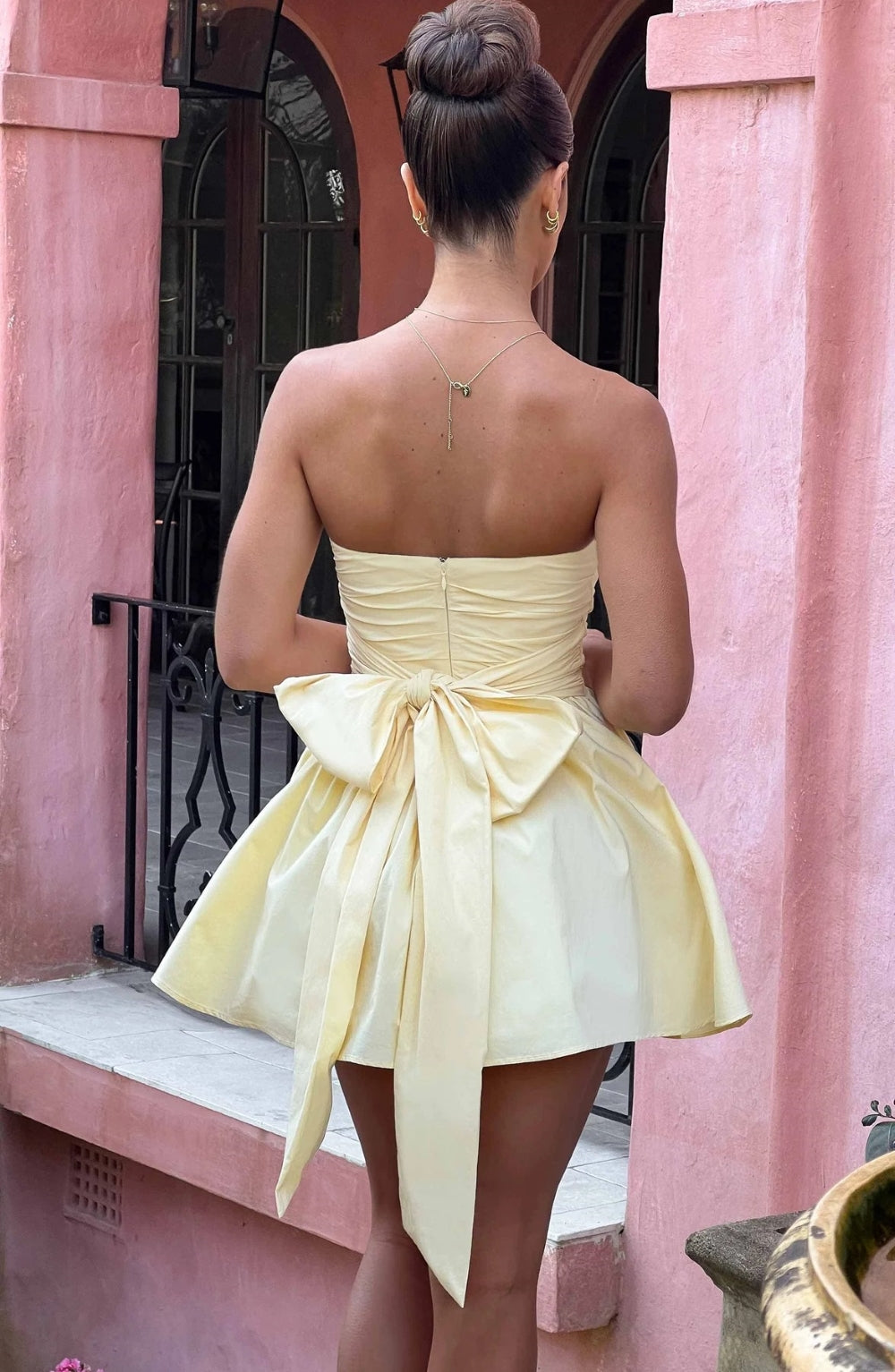 A-Line Strapless Mini Dress with Bow Tie Back - Arbel