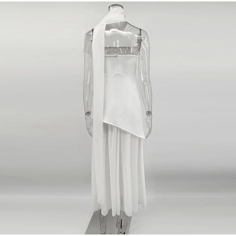Strapless Maxi Dress with Chiffon Bottom, Slit Design, and Matching Scarf Detail - Princess