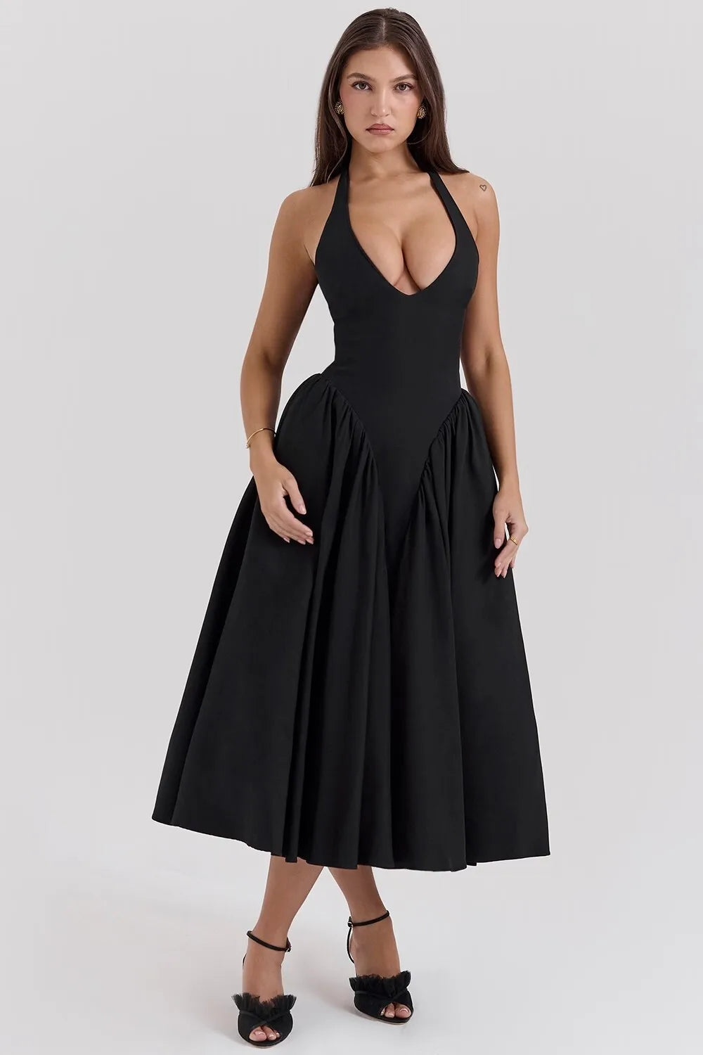 Midi A-line Dress with Neck Tie and Open Back - Makenna