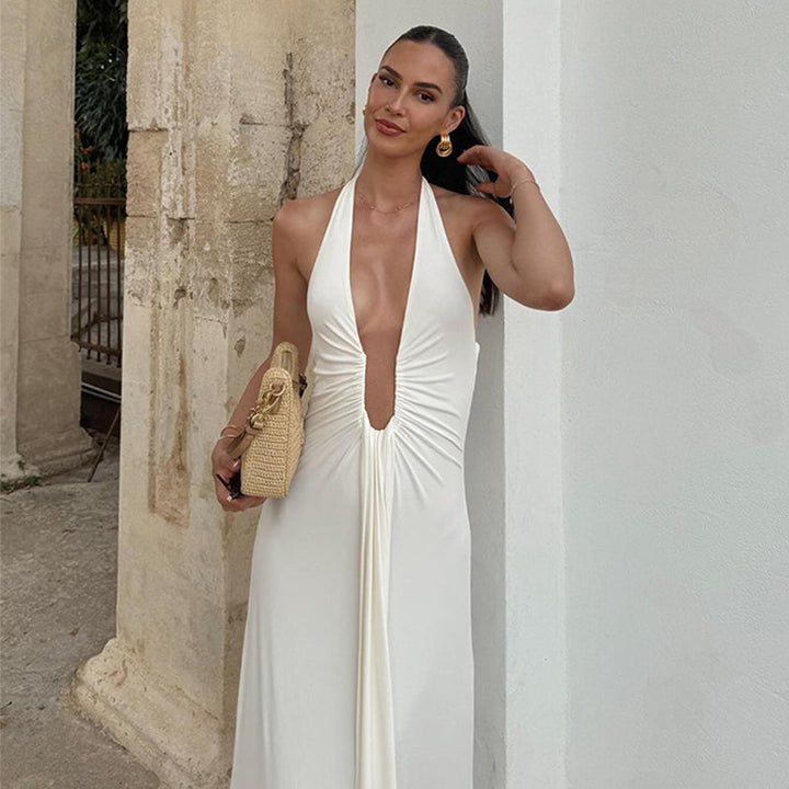 Maxi dress with deep neckline and open back - Alma