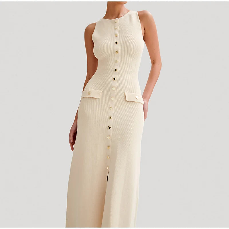 Elegant Knitted Midi Dress with Button Decoration and Small Slit - Pierre